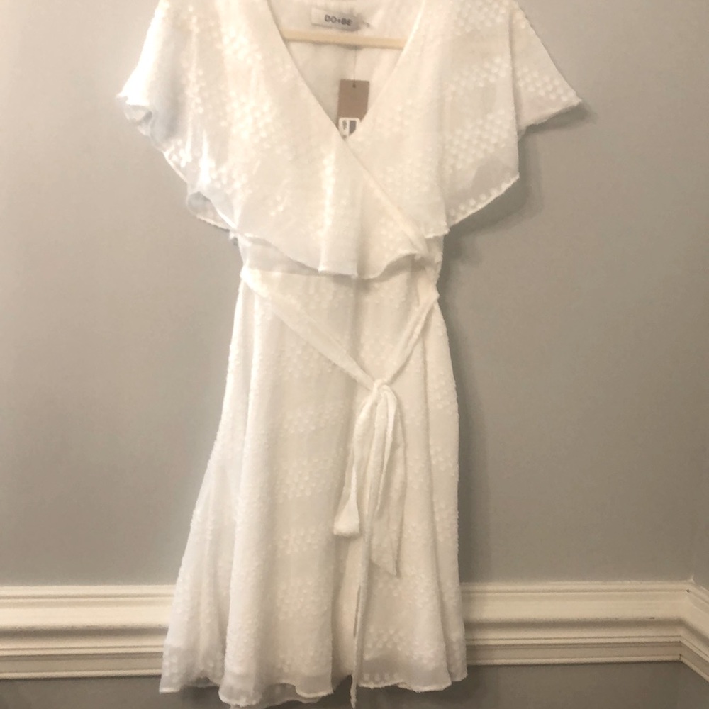 White V-Neck Ruffled Wrap Dress with Cap Sleeves